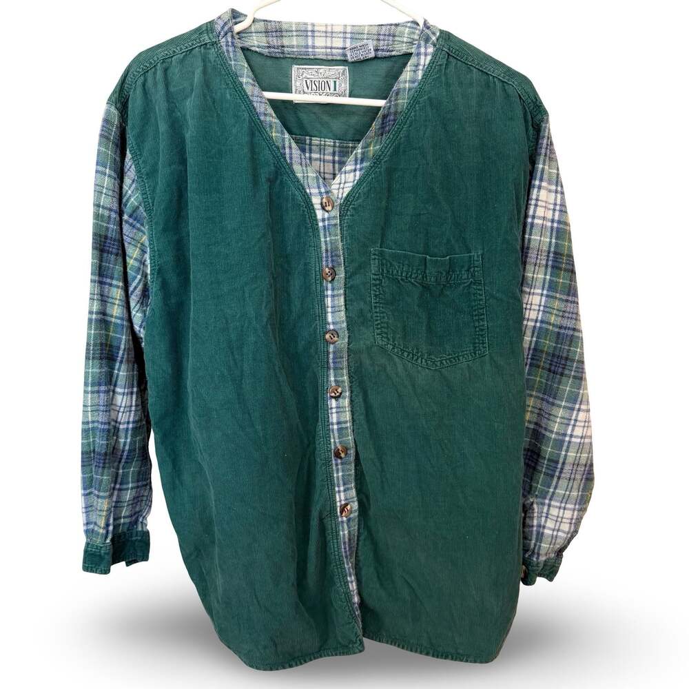 Vintage Vision I Mixed Media Corduroy Plaid Button Down Shirt Women’s L